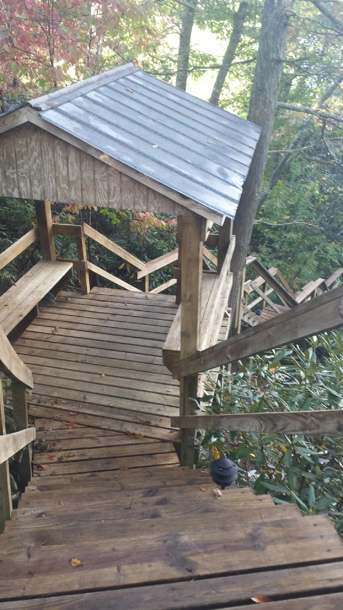 Metal roofed shelter over wooden steps on a wooded walkway — Skylight Repair & Installation work by our crew in Luray